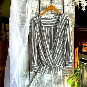 Baby blue, white and black blouse.